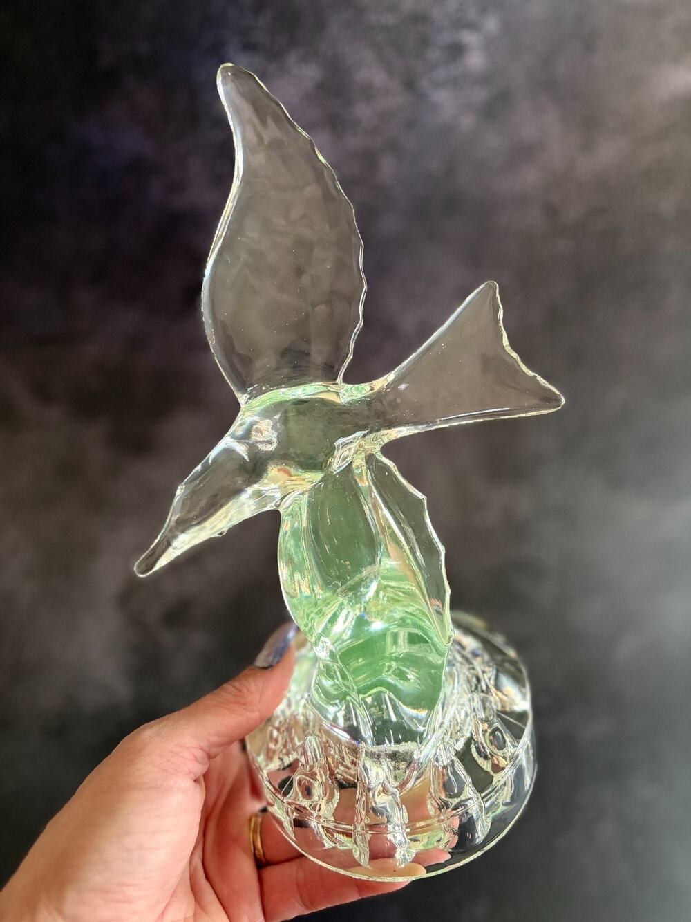 Art Glass Flower Frog Bird Figurine UV Reactive Green Glow Seagull MCM